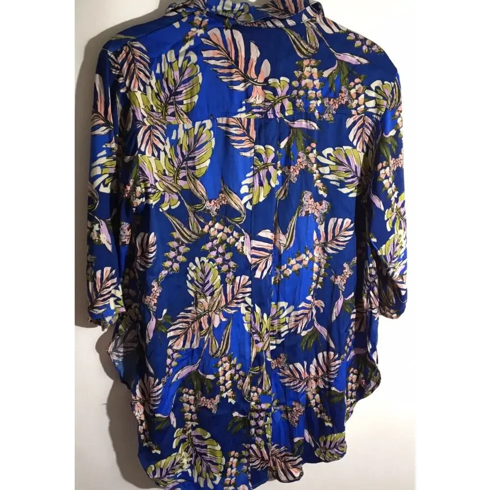 Free People Under The Palms Women's Size XS Blue Palms Floral Button Up Blouse